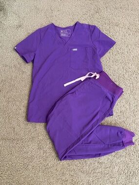 Figs Vibrant Purple Scrub Top and Jogger Pants with Pink Drawstring